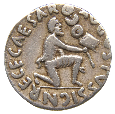 RIC I (second edition) Augustus 314 Augustus reverse, Parthian kneeling right, extending standard with X-marked vexillum w...
