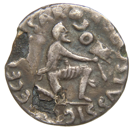 Augustus reverse — Parthian kneeling right, extending standard with X-marked vexillum with right hand and holding out left hand