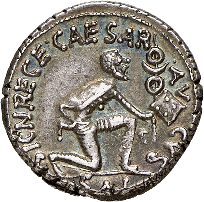 RIC I (second edition) Augustus 315 Augustus reverse, Parthian kneeling right, extending standard with X-marked vexillum w...