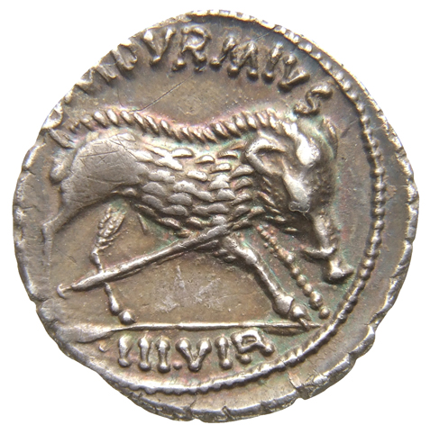 RIC I (second edition) Augustus 317 Augustus reverse, Boar standing, right, pierced by spear