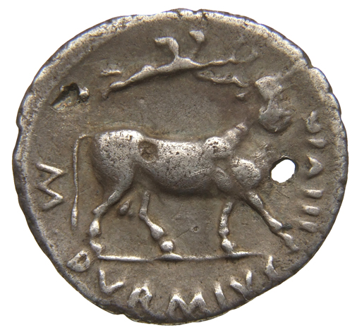 RIC I (second edition) Augustus 319 Augustus reverse — Bull, manfaced, walking right, crowned by Victory from above