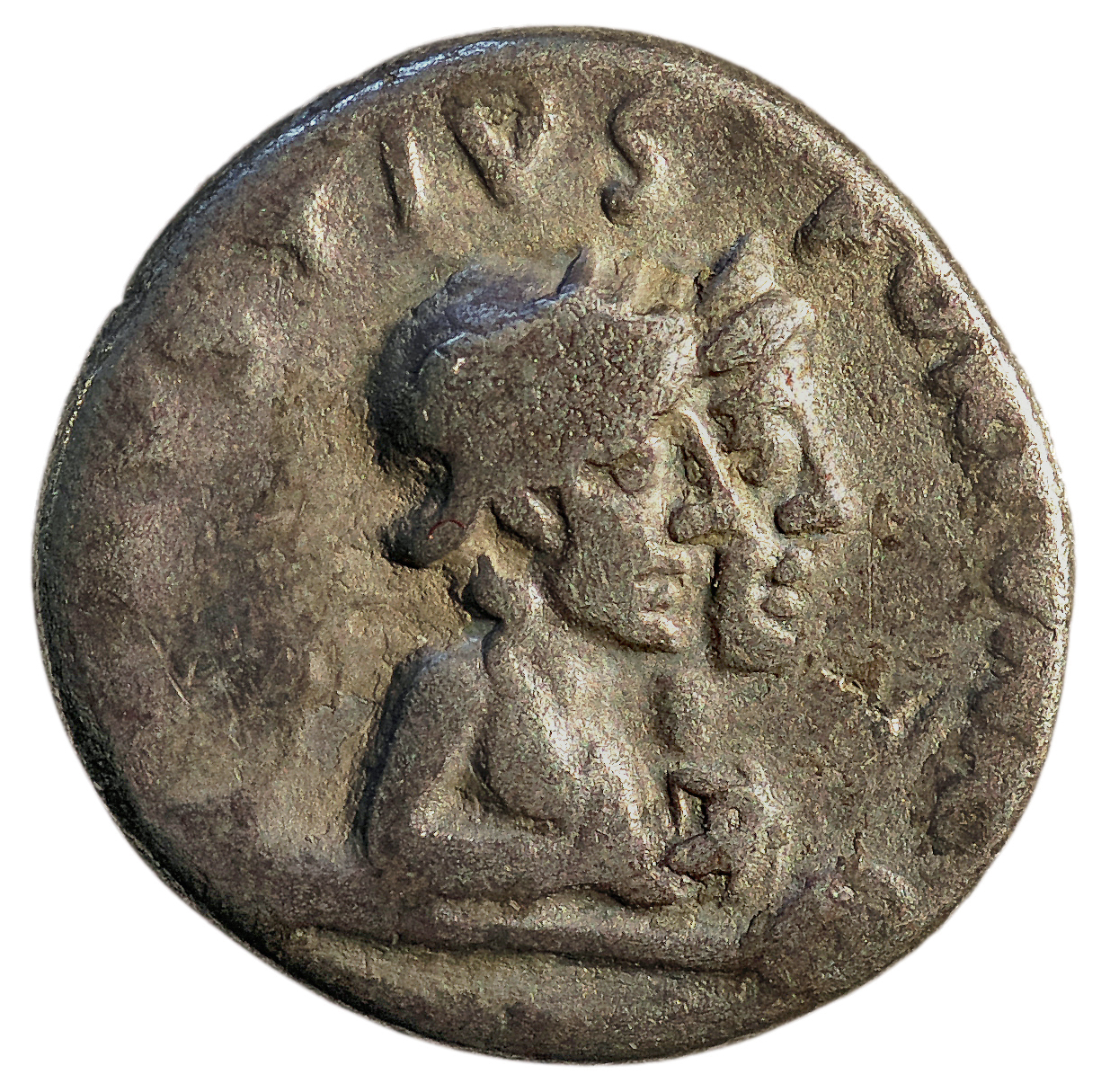 Augustus obverse — Jugate busts of Fortuna Victrix, with round helmet, and Fortuna Felix, with diadem, right on bar with rams' heads