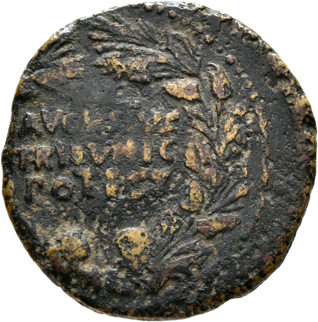 Augustus obverse — Legend in three lines in oak-wreath