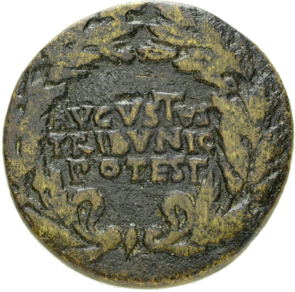 Augustus obverse — Legend in three lines in oak-wreath
