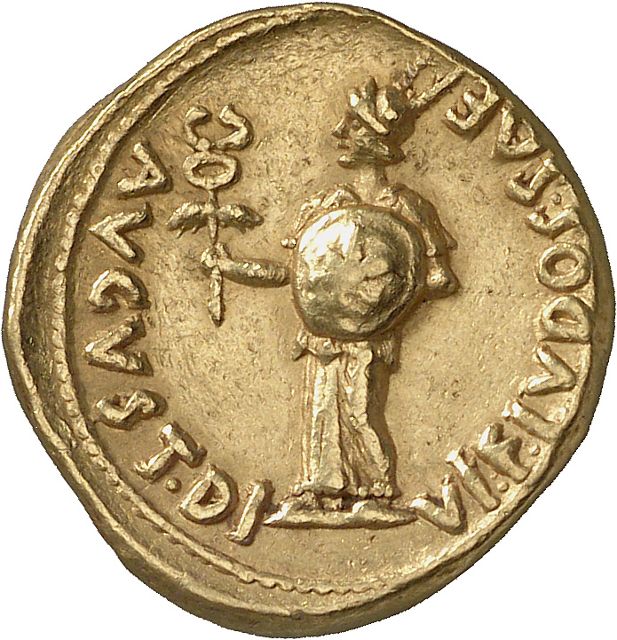 RIC I (second edition) Augustus 339 Augustus obverse, Herald, standing, left, holding caduceus in right hand, and shield w...