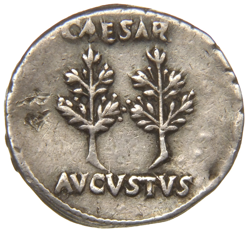 RIC I (second edition) Augustus 33A Augustus reverse, Legend in two lines above and below laurel branches