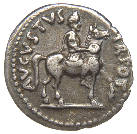 Augustus obverse — Augustus, laureate, on horse right, holding patera