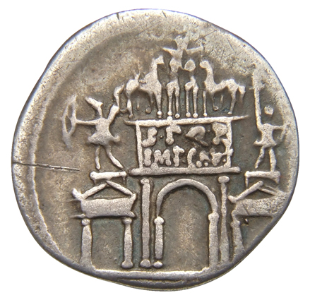 RIC I (second edition) Augustus 359 Augustus reverse, Triumphal arch Inscribed S P Q R IMP CAE, surmounted by facing quadriga