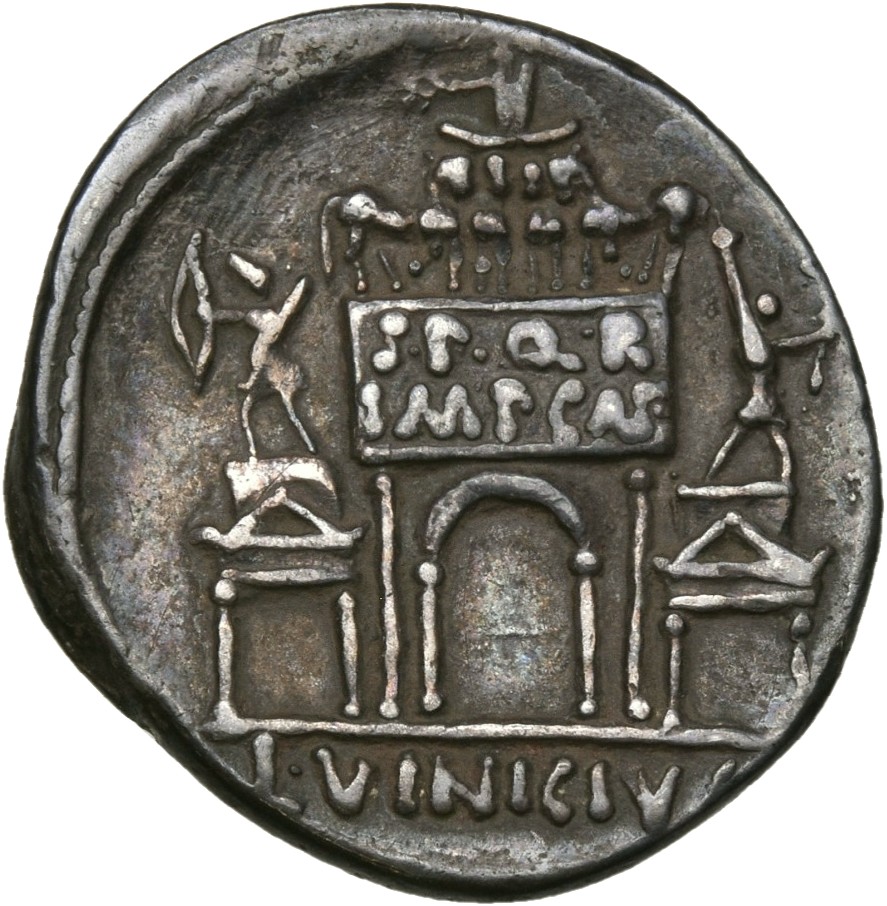 RIC I (second edition) Augustus 359 Augustus reverse — Triumphal arch Inscribed S P Q R IMP CAE, surmounted by facing quad...