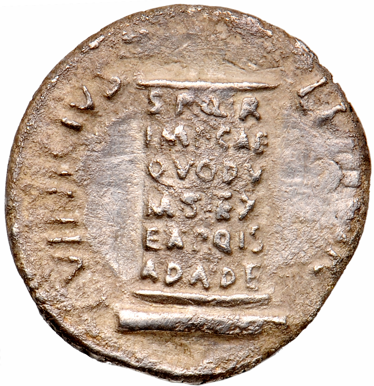 RIC I (second edition) Augustus 361 Augustus reverse — Cippus inscribed S P Q R IMP CAE QVOD V M S EX EA PQ IS AD A DE