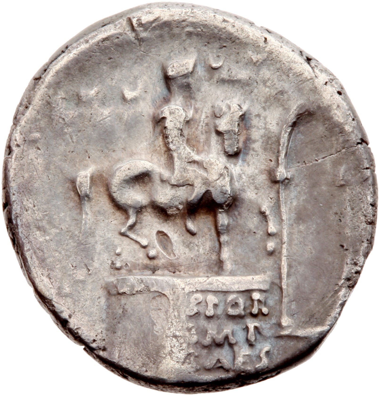 RIC I (second edition) Augustus 362 Augustus obverse — Equestrian statue of Augustus on pedestal, right; Gate of City in b...