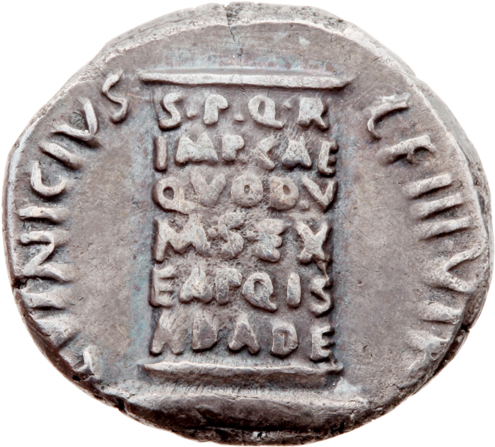 RIC I (second edition) Augustus 362 Augustus reverse — Cippus inscribed S P Q R IMP CAE QVOD V M S EX EA PQ IS AD A DE