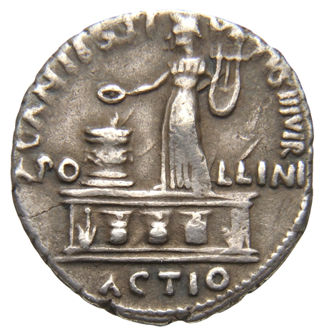 RIC I (second edition) Augustus 366 Augustus reverse — Apollo, laureate, standing left, in long robes, on platform between...