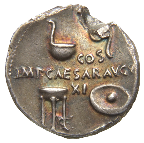 RIC I (second edition) Augustus 367 Augustus reverse — Simpulum and lituus, above, tripod and patera, below