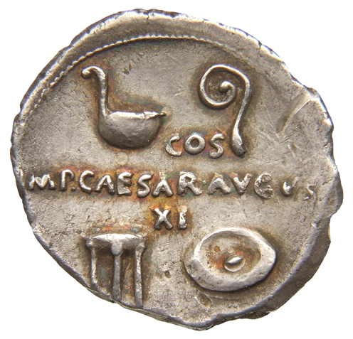 RIC I (second edition) Augustus 368 Augustus reverse, Simpulum and lituus, above, tripod and patera, below