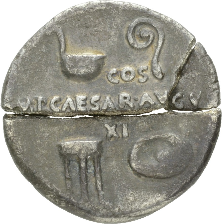 RIC I (second edition) Augustus 368 Augustus reverse — Simpulum and lituus, above, tripod and patera, below