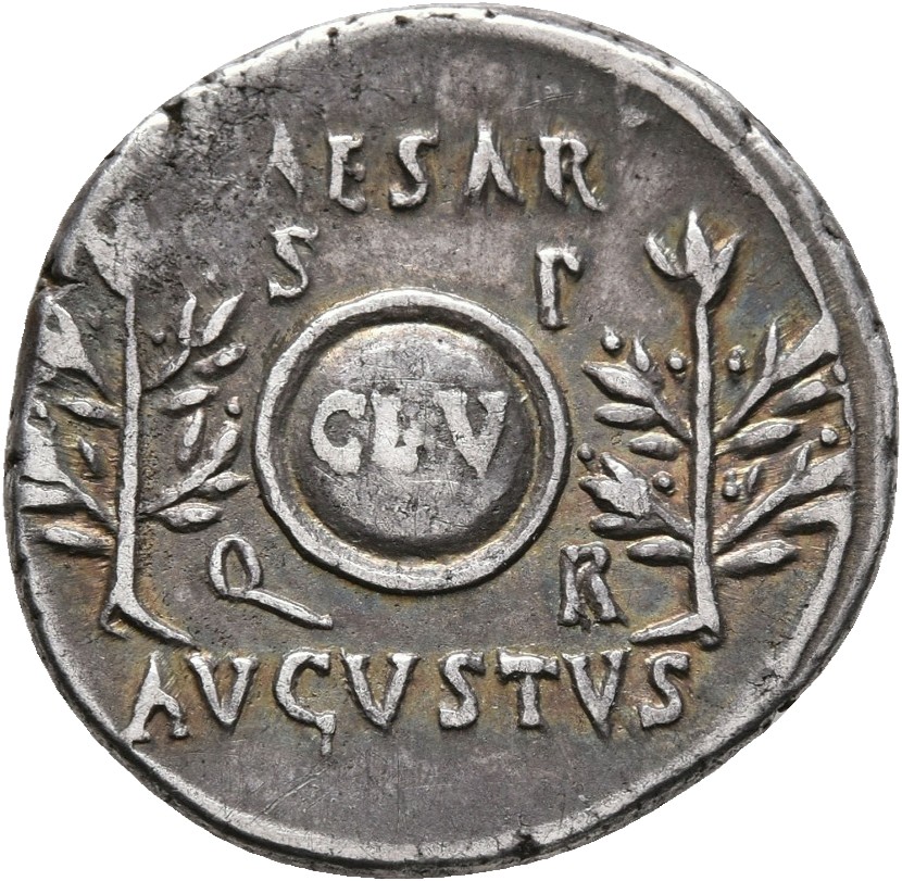 RIC I (second edition) Augustus 36A Augustus reverse, Legend in two lines above and below laurel branches flanking S P Q R...