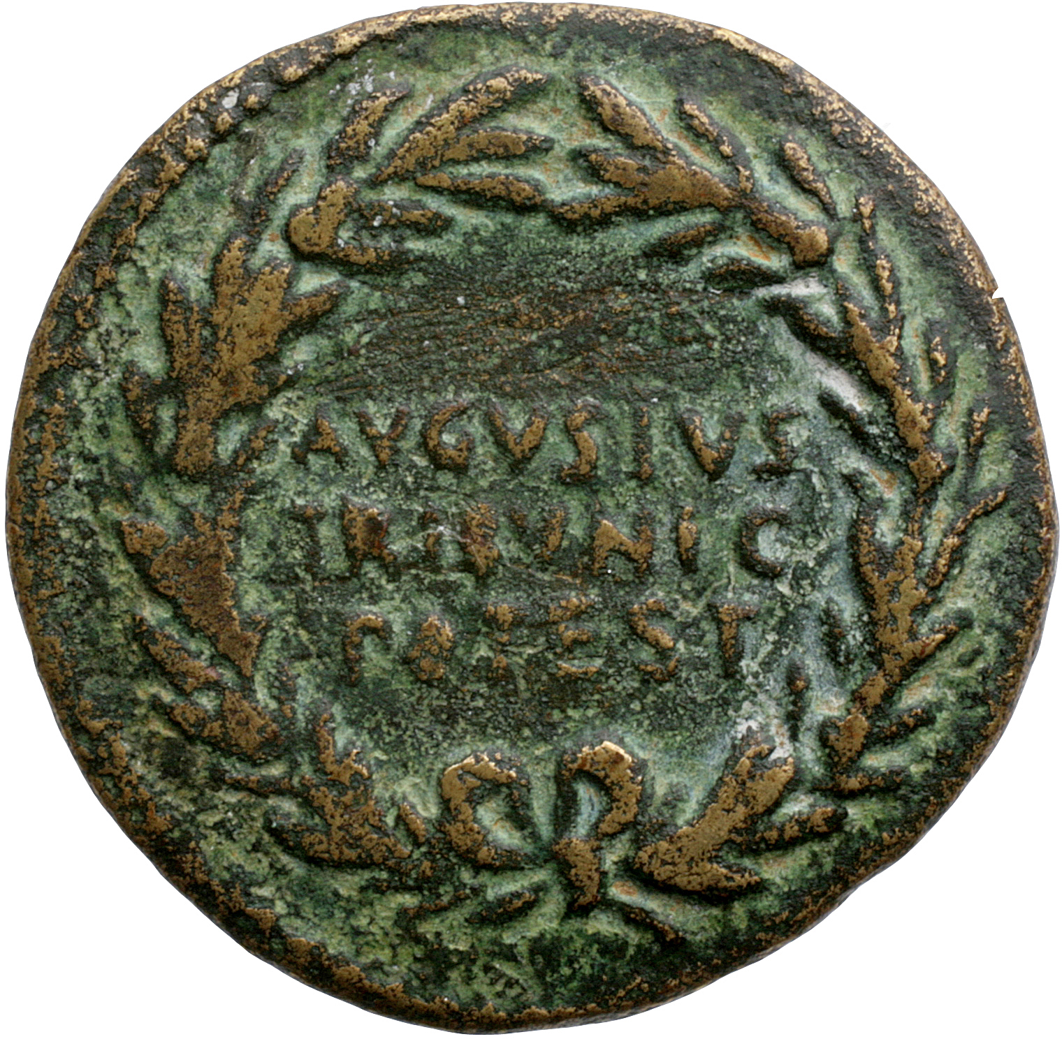 Augustus obverse — Legend in three lines in oak-wreath