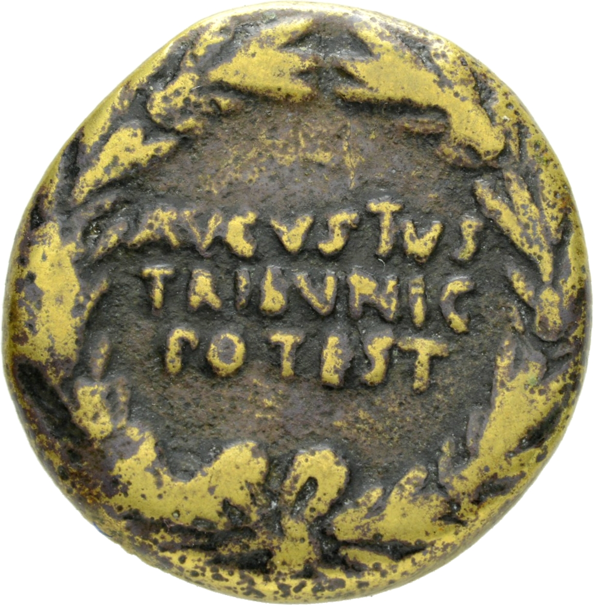 Augustus obverse — Legend in three lines in oak-wreath