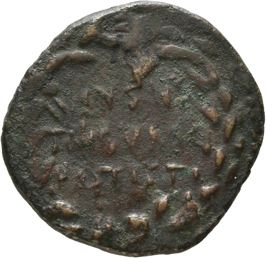 Augustus obverse — Legend in three lines in oak-wreath