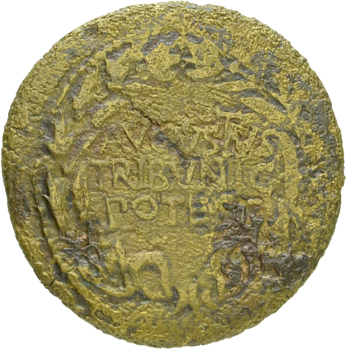 Augustus obverse — Legend in three lines in oak-wreath