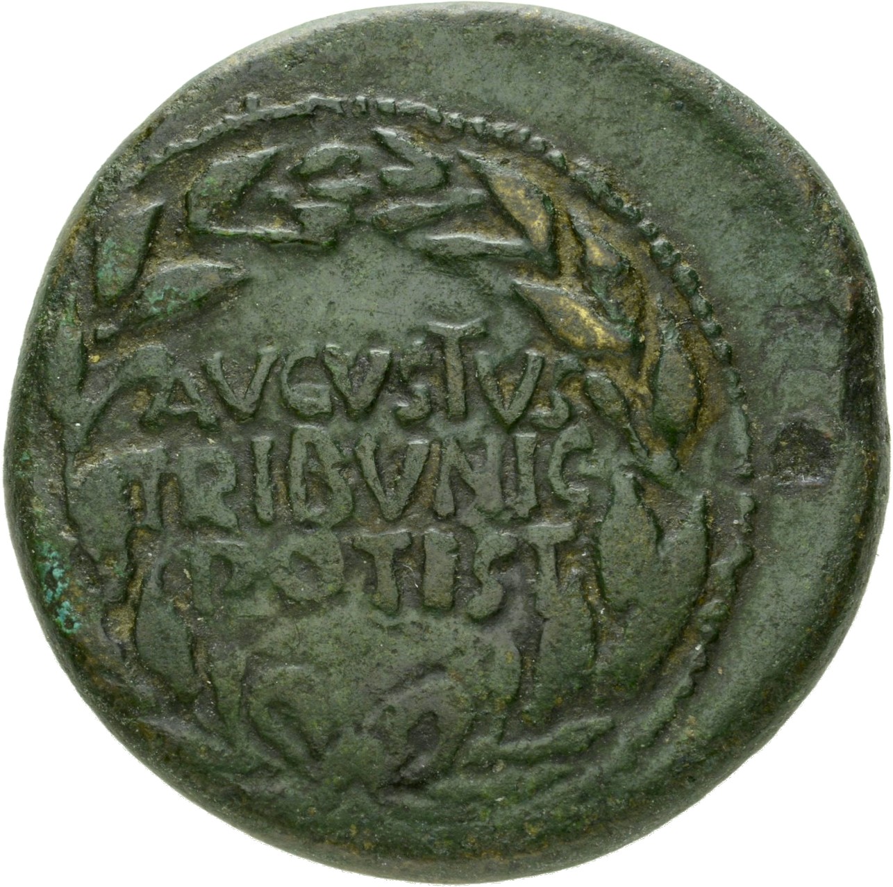 Augustus obverse — Legend in three lines in oak-wreath