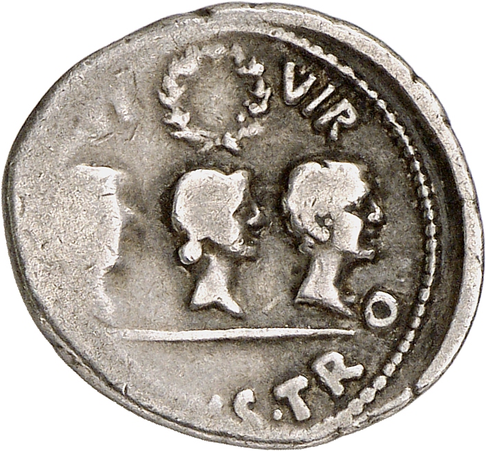 RIC I (second edition) Augustus 405 Augustus reverse, Julia, Gaius and Lucius Caesar, heads right, wreath central above