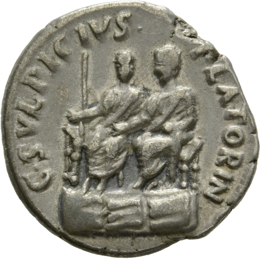RIC I (second edition) Augustus 407 Augustus reverse, Augustus and Agrippa, togate, seated on bisellium on platform with t...