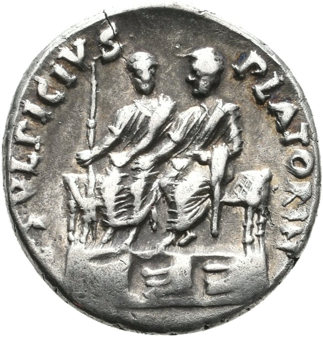 RIC I (second edition) Augustus 407 Augustus reverse, Augustus and Agrippa, togate, seated on bisellium on platform with t...