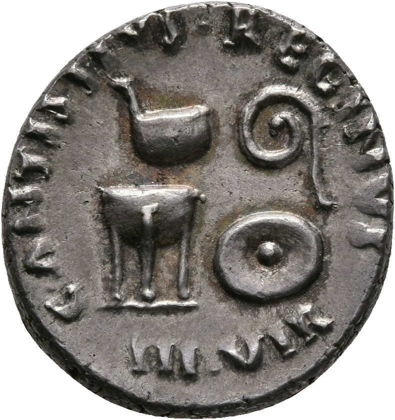 RIC I (second edition) Augustus 410 Augustus reverse, Simpulum and lituus, above, tripod and patera, below