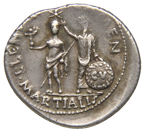 RIC I (second edition) Augustus 415 Augustus reverse, Augustus, laureate and togate, right, resting on shield inscribed CV...