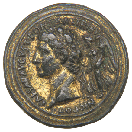 Augustus obverse — Head of Augustus, laureate, left, crowned by Victory standing, left, carrying cornucopia