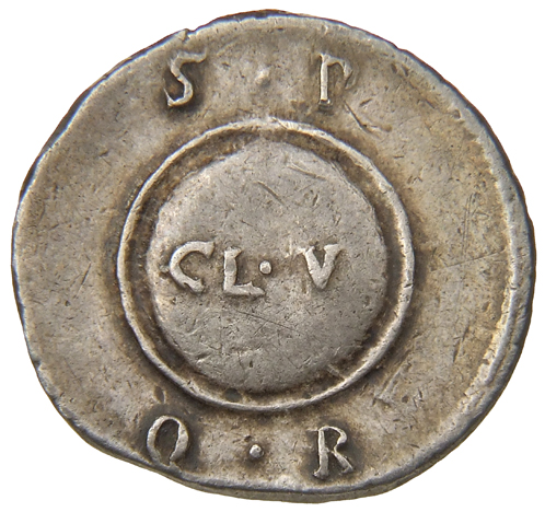 Augustus reverse — CL V inscribed on shield