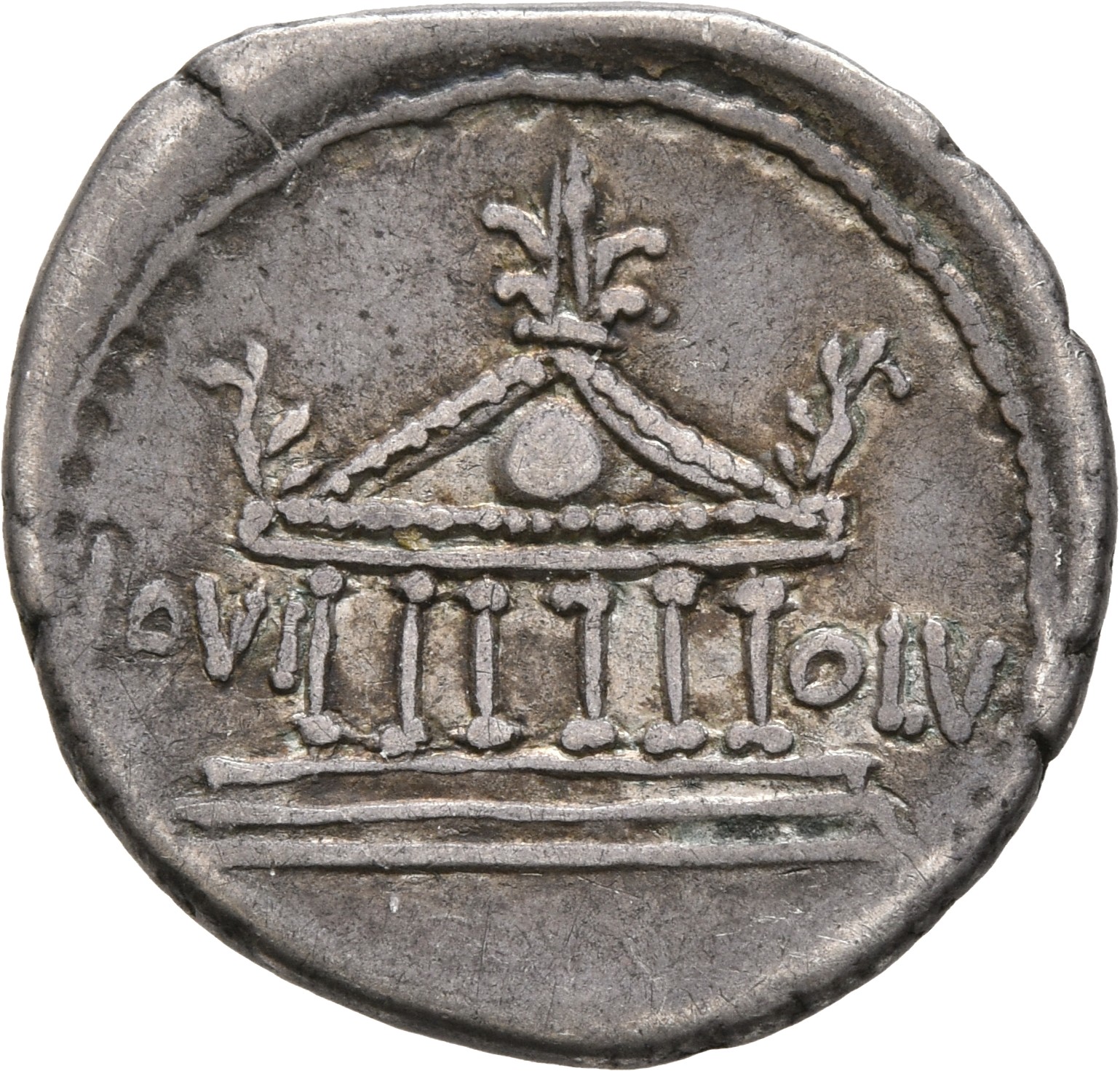 RIC I (second edition) Augustus 472 Augustus reverse — Hexastyle temple with shield in pediment, palmettes on top