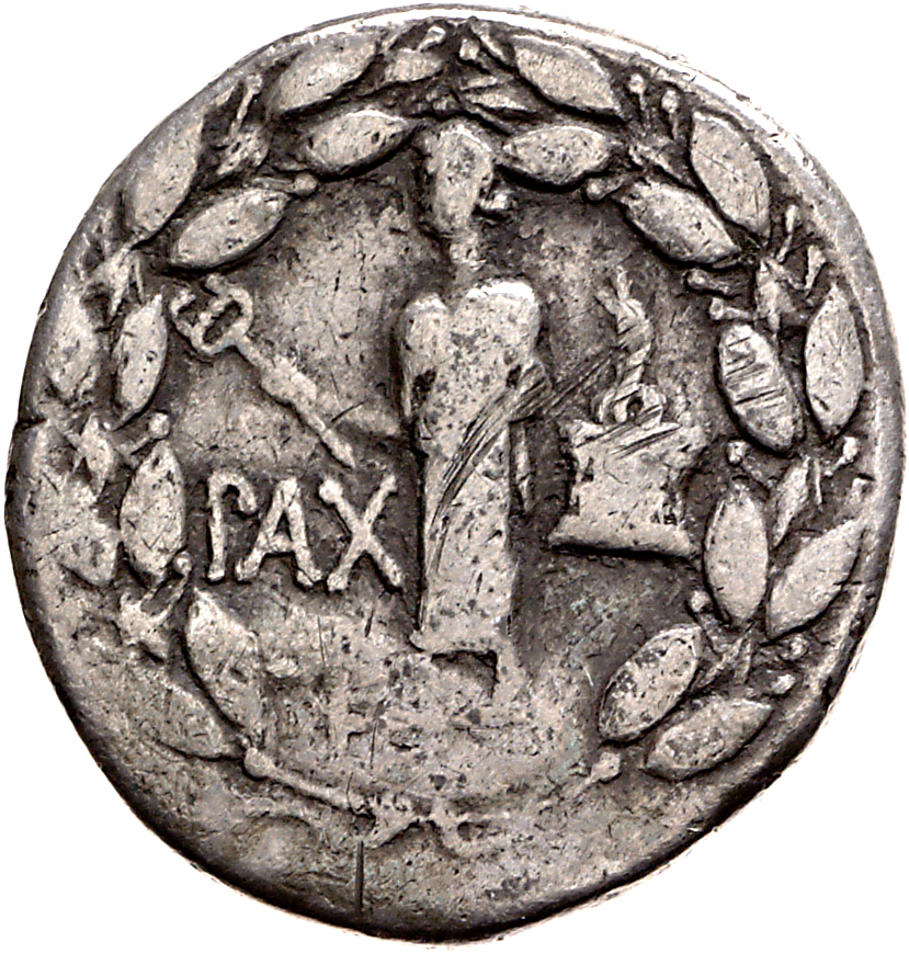 RIC I (second edition) Augustus 476 Augustus reverse, Pax standing at angle to left, holding caduceus in right hand, cista...