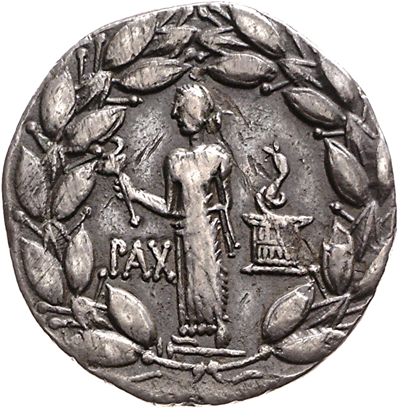 Augustus reverse — Pax standing at angle to left, holding caduceus in right hand, cista mystica with snake right, all within wreath