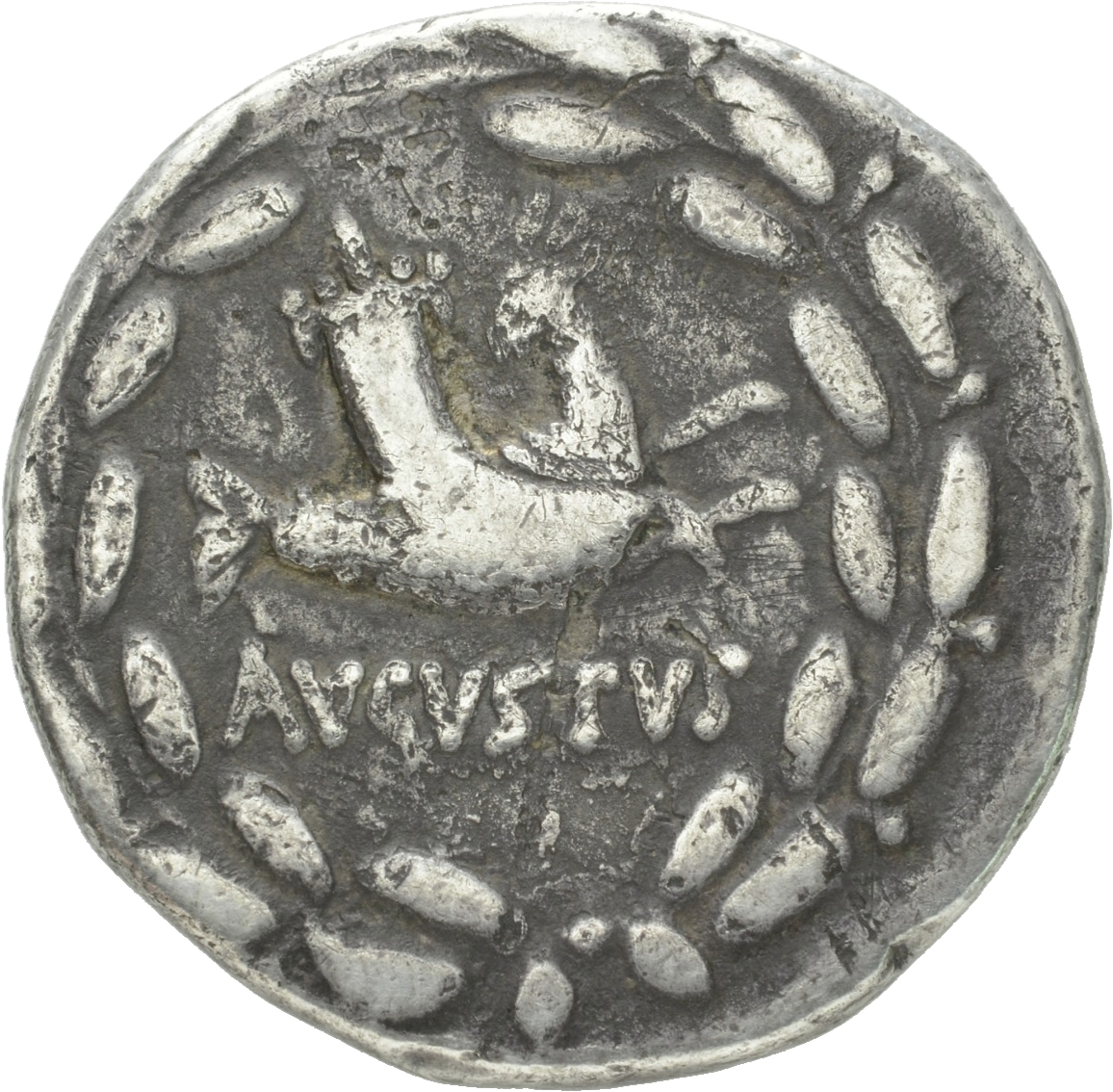 RIC I (second edition) Augustus 477 Augustus reverse, Capricorn, right, head left, carrying cornucopia; all within laurel ...