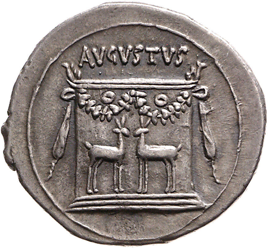 RIC I (second edition) Augustus 479 Augustus reverse, Altar, garlanded, with stags