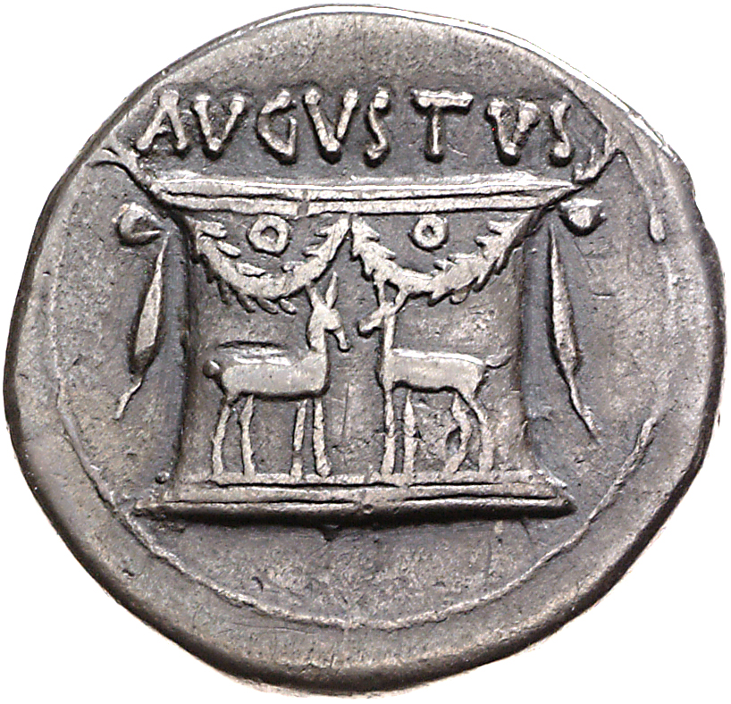 Augustus reverse — Altar, garlanded, with stags