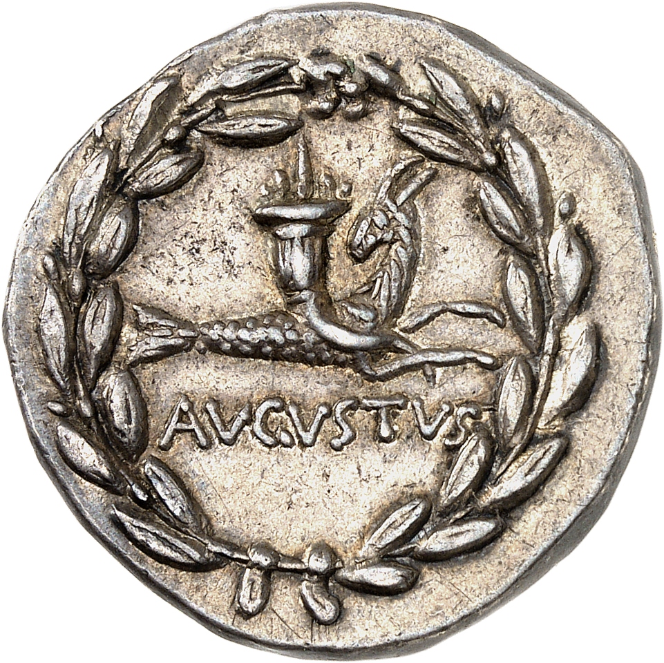 RIC I (second edition) Augustus 480 Augustus reverse, Capricorn right, on his back, cornucopiae, all within laurel wreath