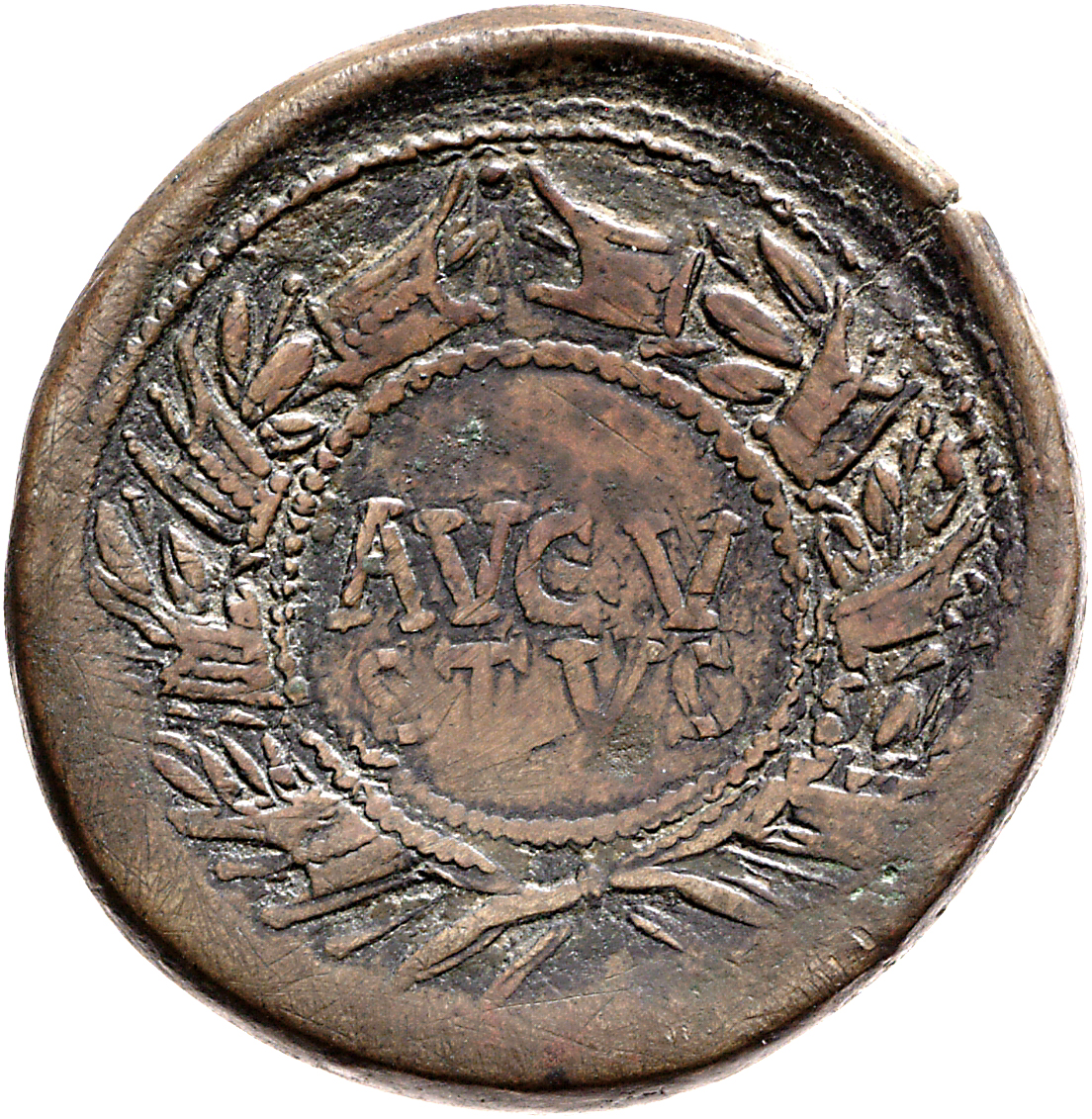 Augustus reverse — Legend in two lines in laurel wreath combined with rostra