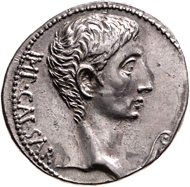 Augustus obverse — Head of Augustus, bare, right; front, lituus