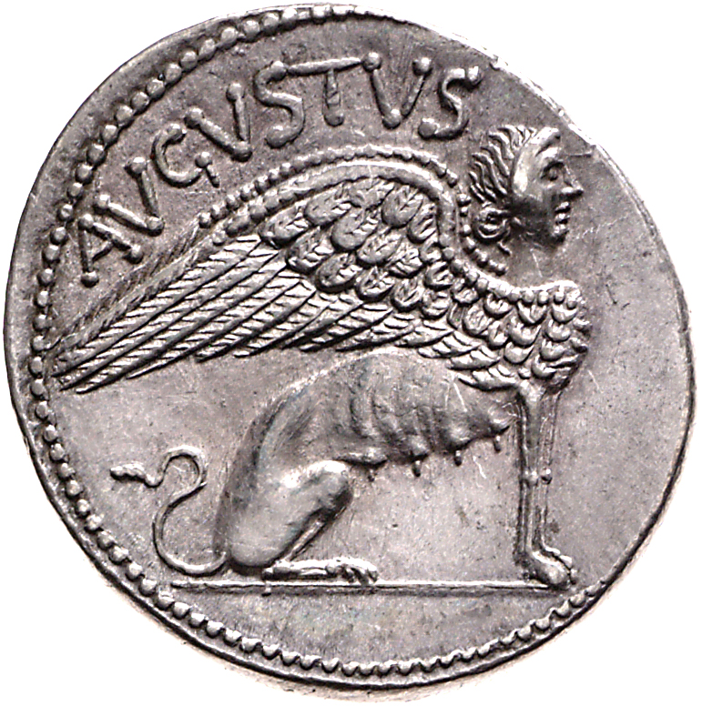 Augustus reverse — Sphinx seated right