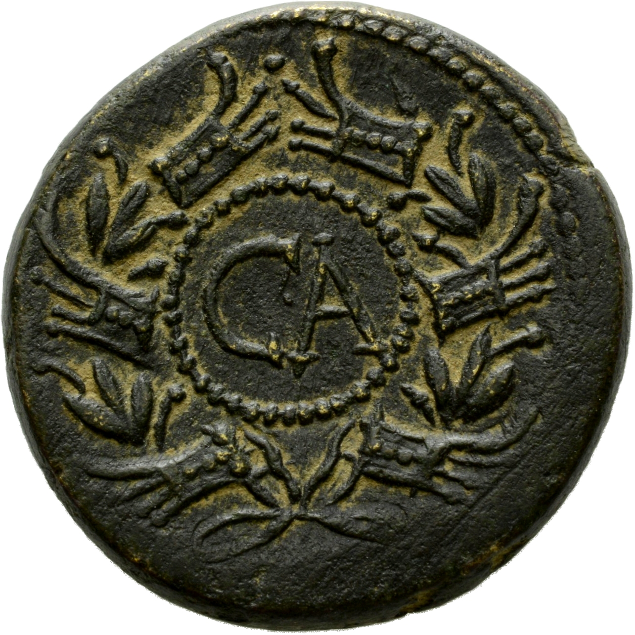 RIC I (second edition) Augustus 502 Augustus reverse, Legend in dotted circle in wreath of rostra and laurel leaves