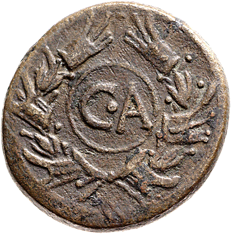 Augustus reverse — Legend in dotted circle in wreath of rostra and laurel leaves