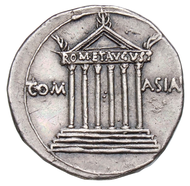 RIC I (second edition) Augustus 506 Augustus reverse, Hexastyle temple inscribed ROM ET AVGVST