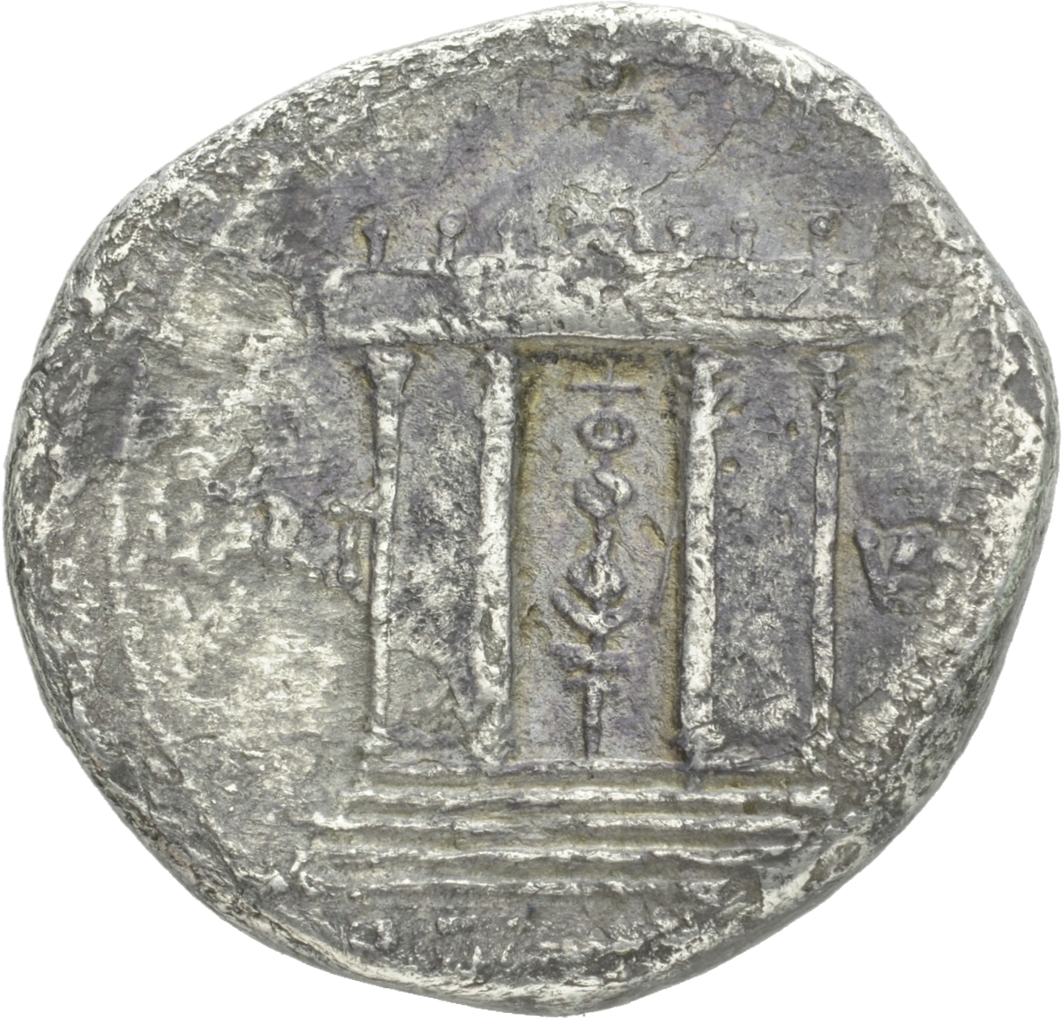 RIC I (second edition) Augustus 507 Augustus reverse, Circular domed temple containing vexillum