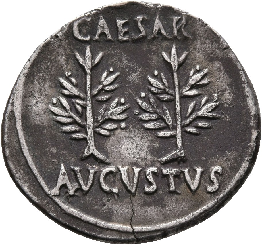 RIC I (second edition) Augustus 51 Augustus reverse, Legend in two lines above and below laurel branches