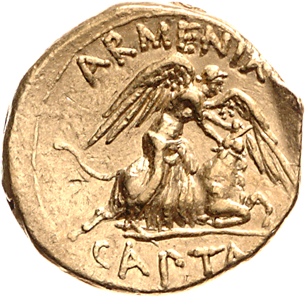 Augustus reverse — Victory right, cutting throat of recumbent bull held by the horn