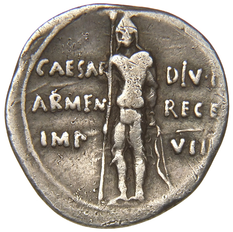 Augustus reverse — Armenian standing, facing, holding spear in right hand and resting bow-case on ground with left